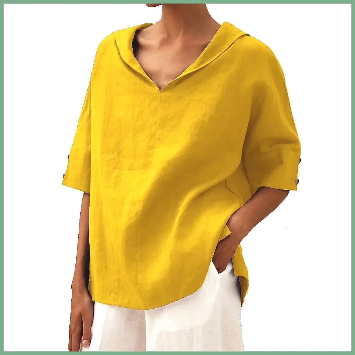 Large woman's shirt with V-neck in cotton and linen 2026, casual and elegant summer blush for office (Caratteri: 68)