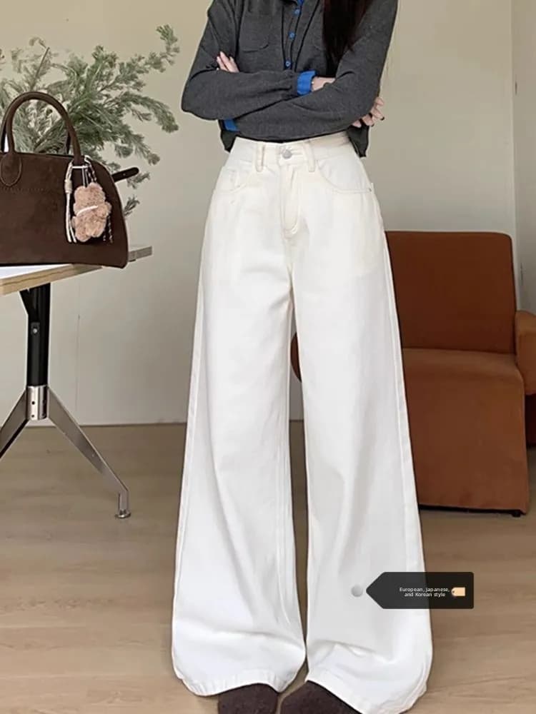 plus Size American Retro High Street White Wide Leg Jeans Women's Summer New Loose Drapey Floor-Length Pants