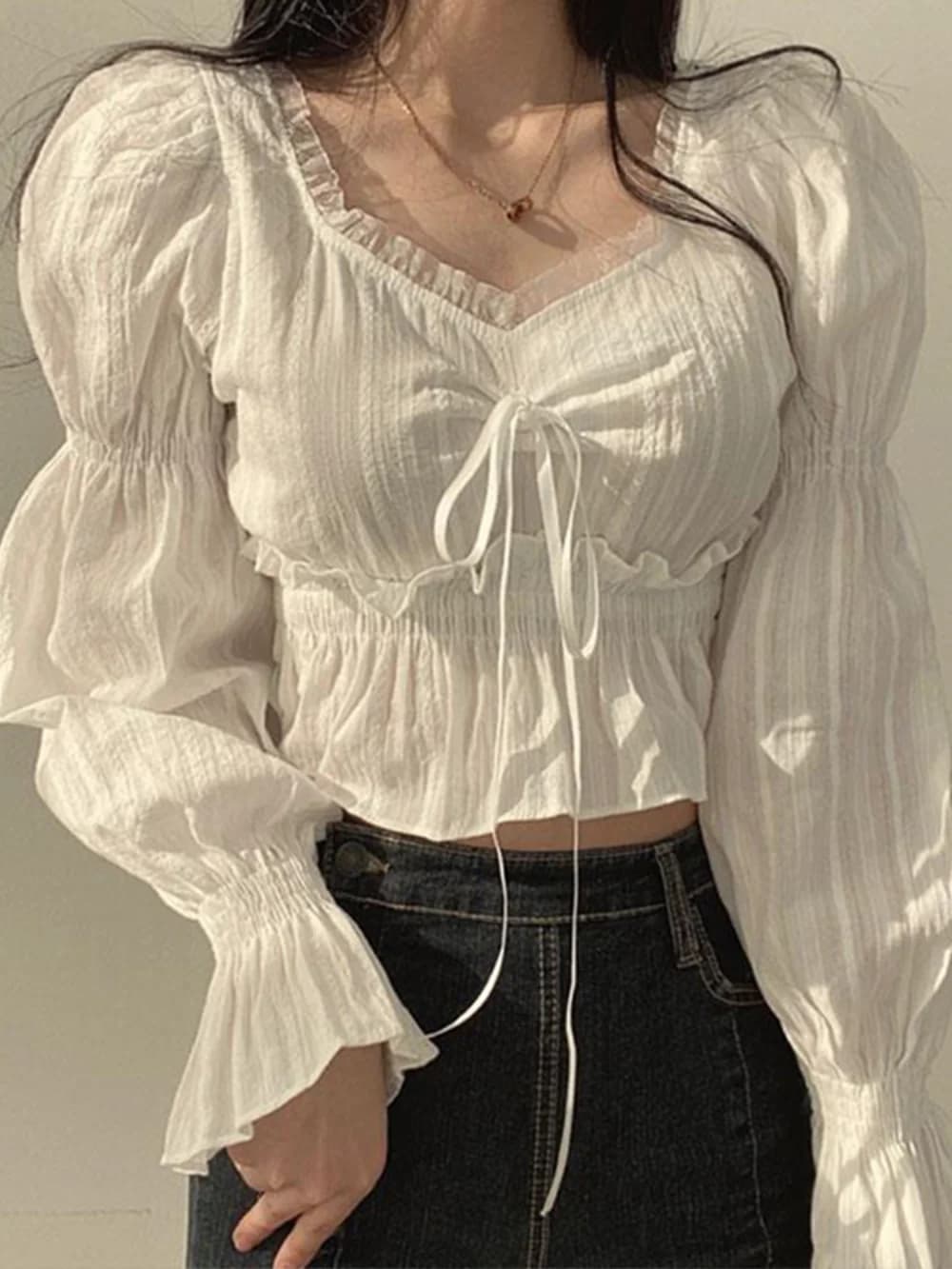Camicetta in chiffon Donna Manica a sbuffo Lace Up Ruffles Camicie Donna Estate Elegante Moda coreana Stile Preppy Dolce Top Lady 2023