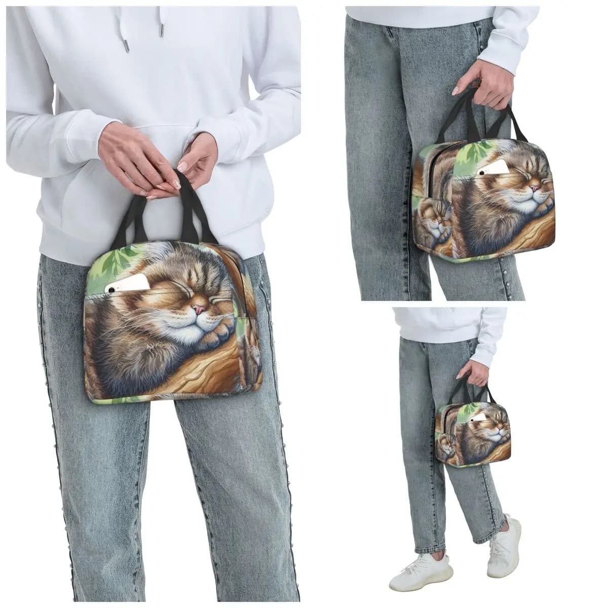 Cat Sleeps On A Tree Branch Insulated Lunch Bag for Women Office Cooler Thermal Food Box Tote Portable Lunch Boxes Container