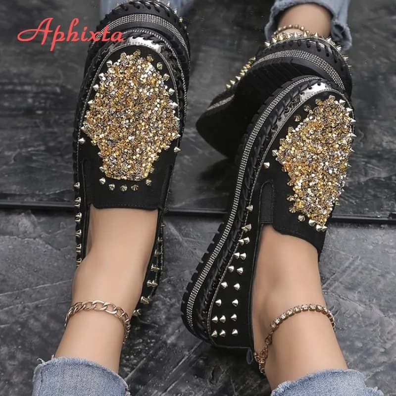 Aphixta Scarpe Basse Punk da Donna con Strass e Borchie, Mocassini con Cristalli da 4 cm, Comode Scarpe Casual con Plateau per Uso Quotidiano e Feste