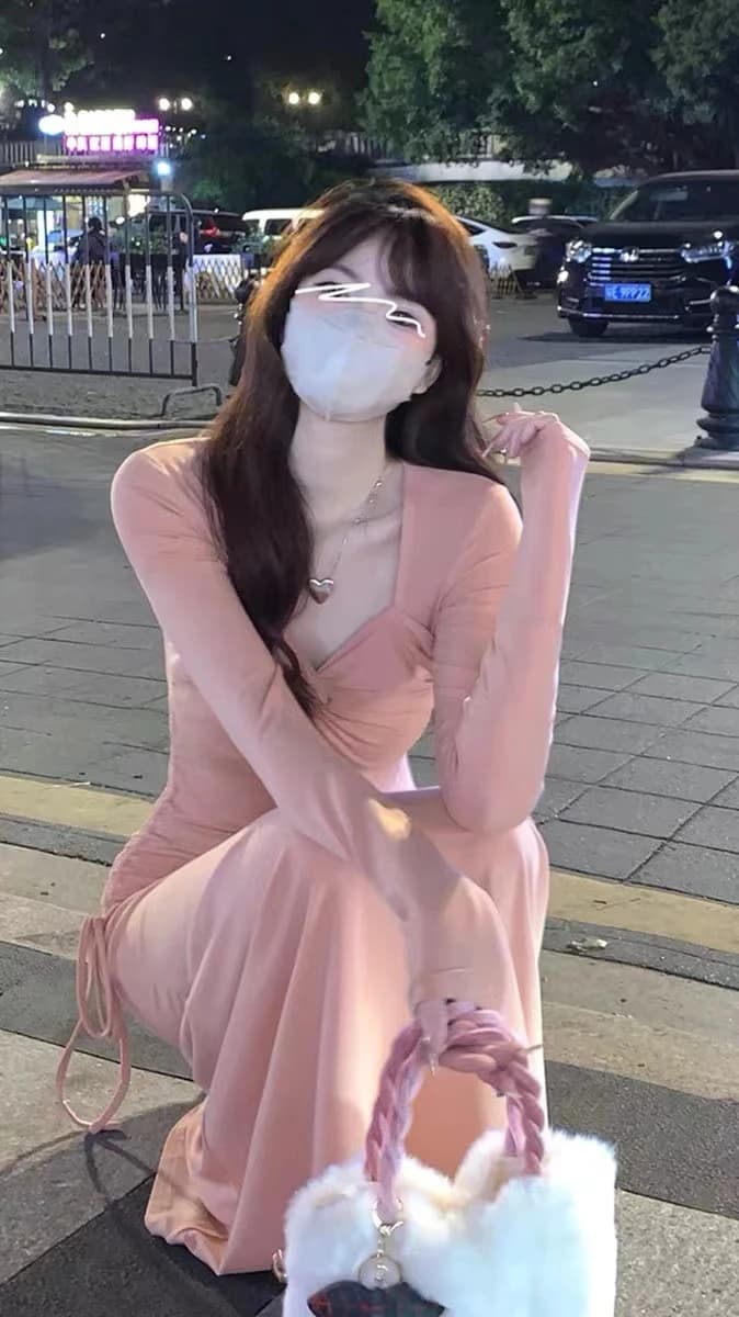Soft Knitted Long Sleeve V-Neck Pink Dress Women's High Waist A-Line Skirt Wrap Bodycon Dress Autumn New Style Polyester Fiber