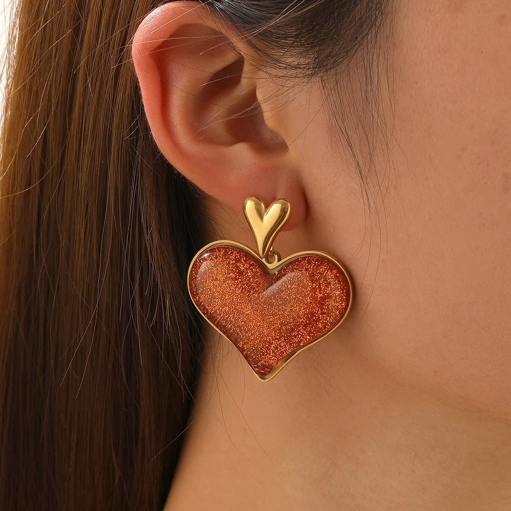MEYRROYU 316L Acciaio Inossidabile Moda Arancione Lucido Resina Acrilica Orecchini A Cuore Lady Trend Classico Earbob Gioielli Glamorou