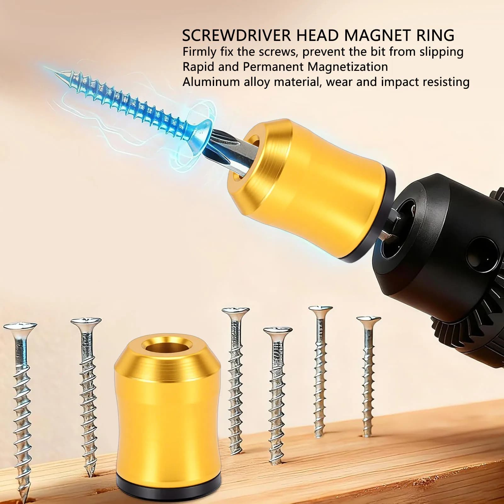 Set di 3 Anelli Magnetici per Punte di Cacciavite in Lega di Alluminio, Magnetizzatore per Punte da Trapano, Anello Porta Viti Magnetico Giallo