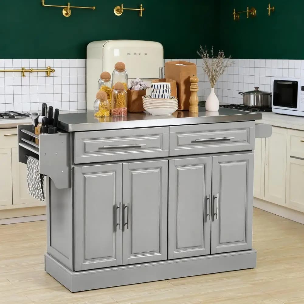 57" LX 17,75" LX 36,5" H Carrello da cucina moderno con rotelle per isola da cucina con 2 cassetti, spezie, coltelli e portasciugamani, grigio