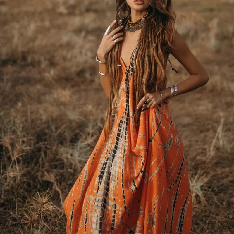 Street Style Sleeveless Open Back Printed Dress V-Neck Hanging Neck Belt Loose Waist A-Line Long Skirt for Women 25-29