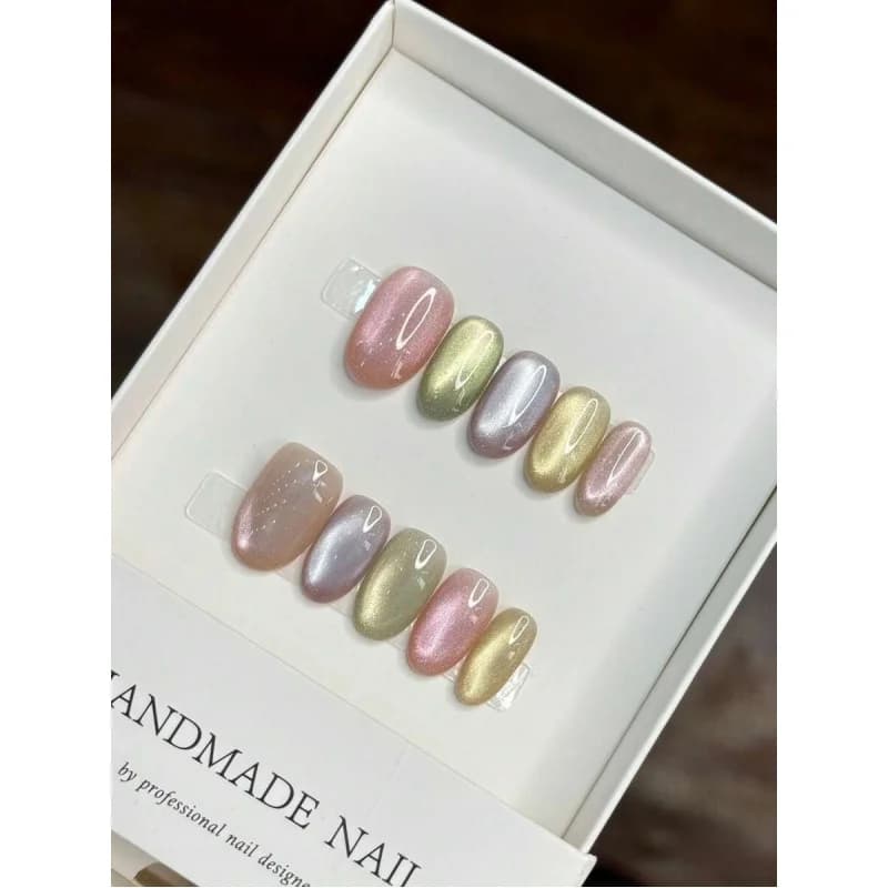 10 pezzi di unghie finte ovali effetto occhio di gatto, fatte a mano, multicolor pastello, lucide, minimaliste, riutilizzabili, per uso quotidiano da donna e ragazza.