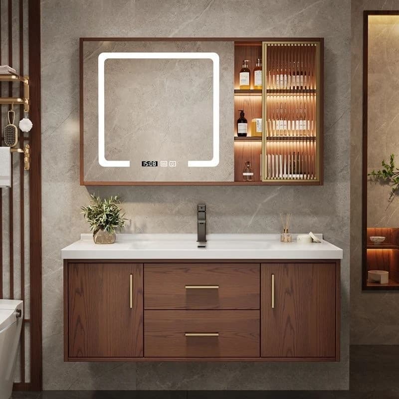 Mobile da bagno Minimalista Moderno Combinazione intelligente Mobili da toilette per lavabo da bagno in legno massello verniciato