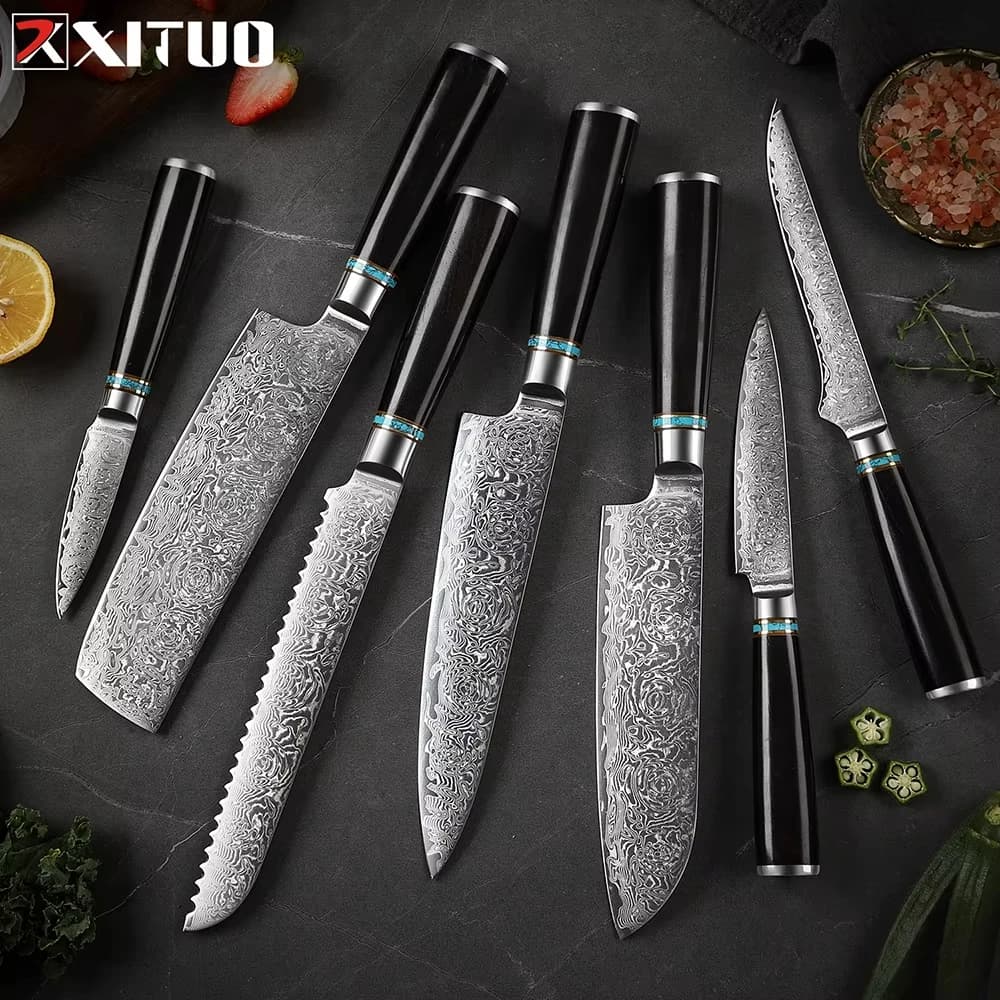 XITUO Set of Japanese chef knives Damascus steel knives sharp kitchen shaver Santoku Mannaia cook knife Boning knife Multipurpose knife 1-7PCS