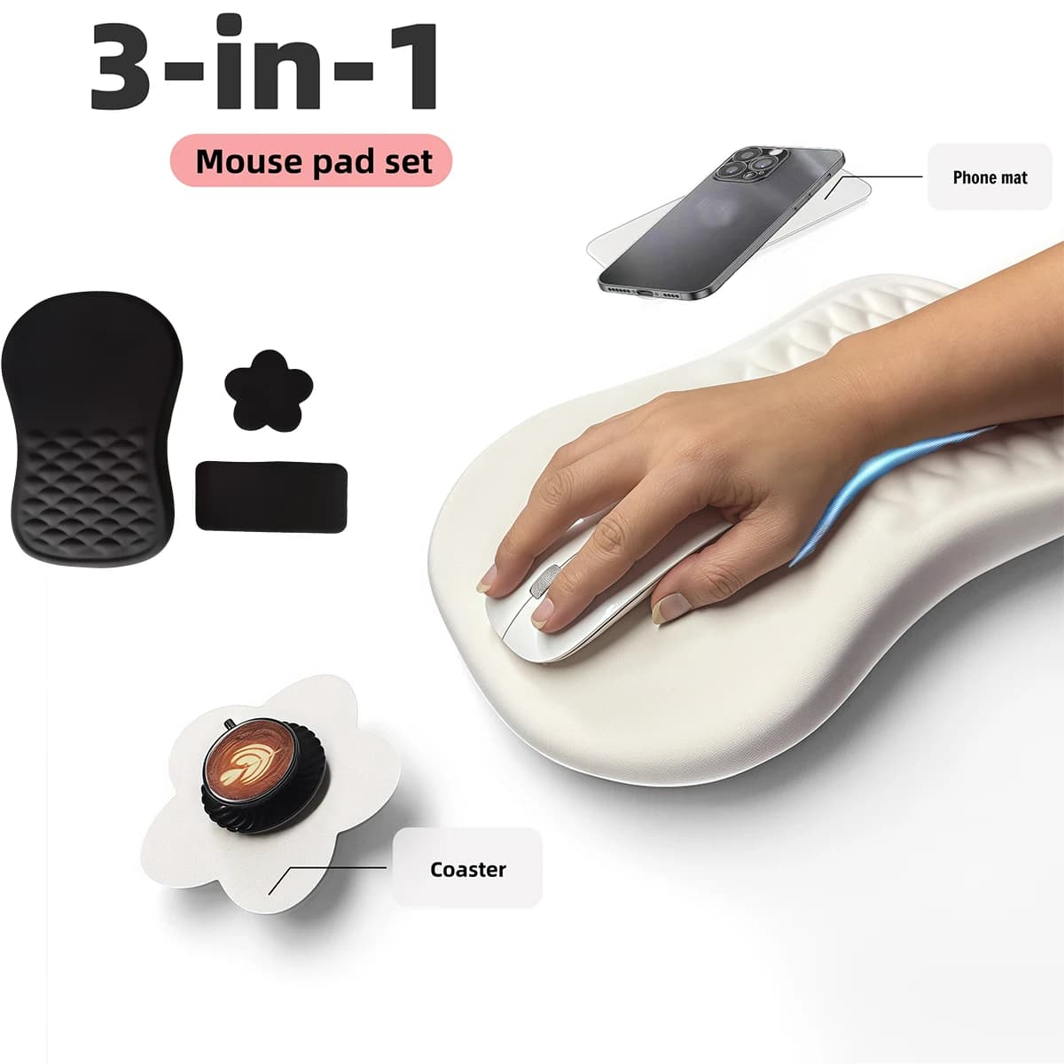 Tappetino per mouse ergonomico con poggiapolsi da 3 pezzi Comodo supporto per il polso Tappetino per mouse in cotone ad alta memoria elastica antiscivolo per computer portatile PC