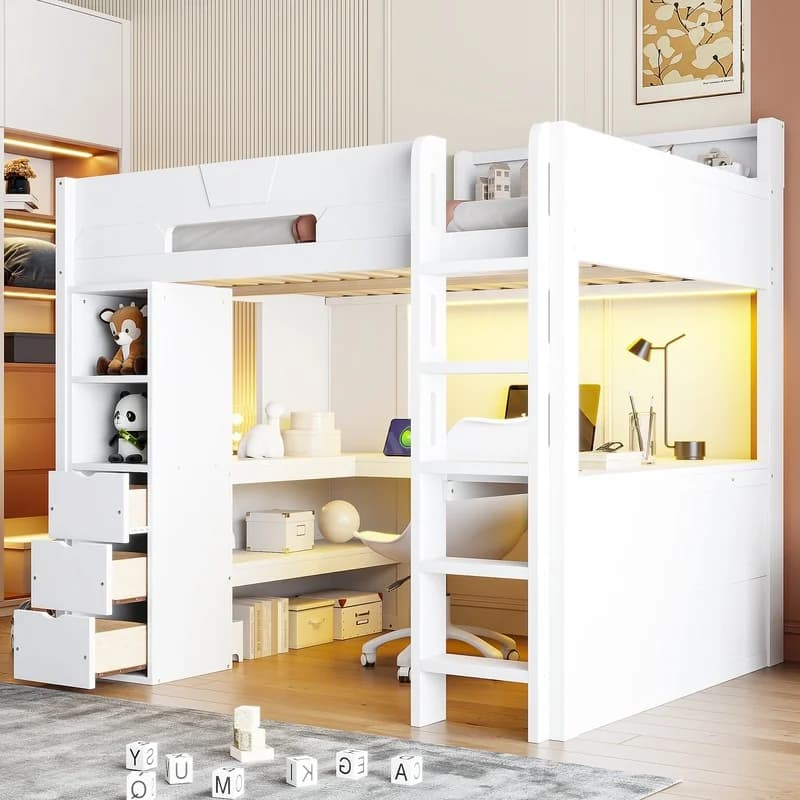 Wooden Gaming Loft Bed with U-Shape Desk, RGB LED Lights, USB Ports, 3 Drawers, Storage Shelves, White