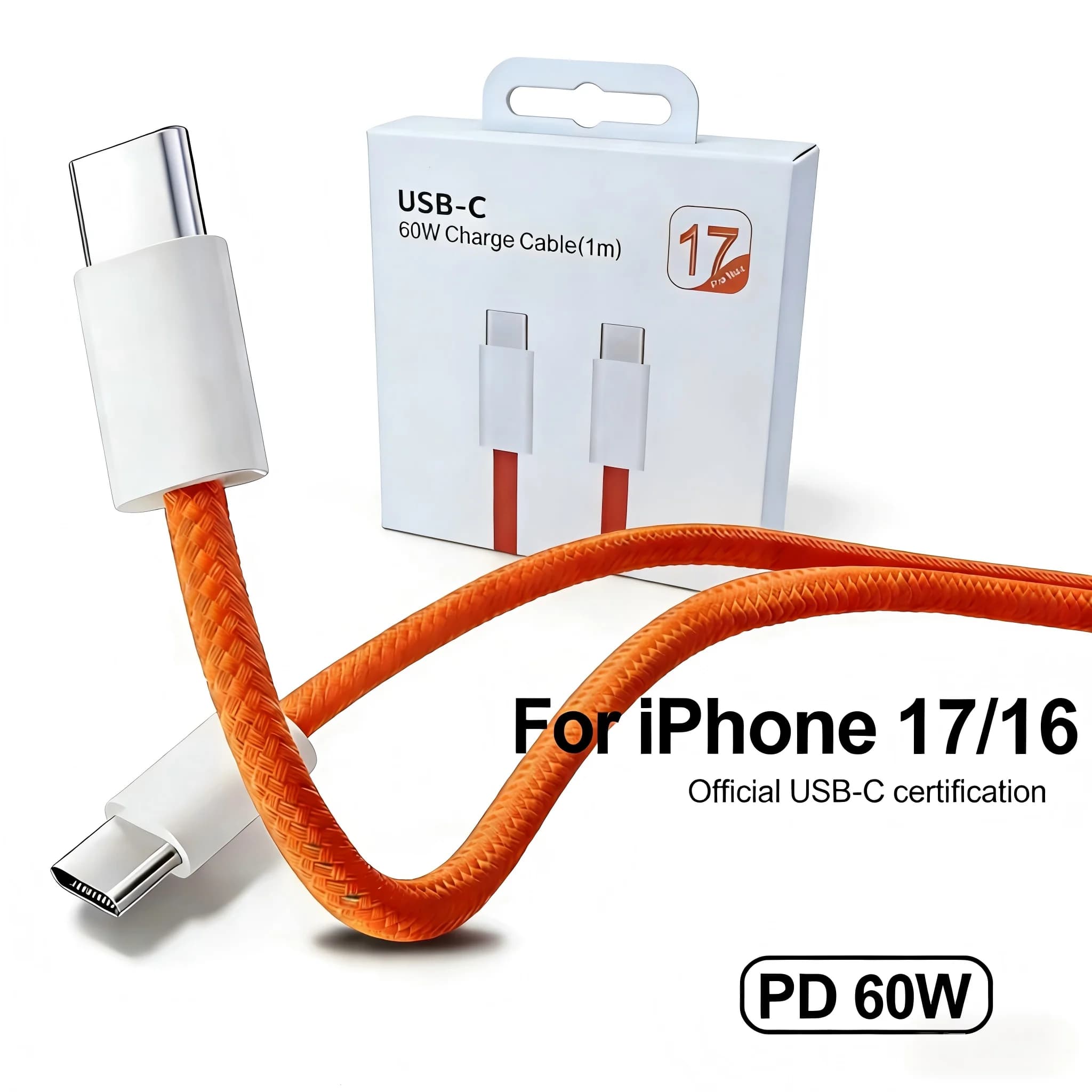Cavo USB-C per iPhone 17 16 15 Pro Max, ricarica rapida PD 60W per Huawei Xiaomi Samsung, cavo intrecciato Type-C, accessori