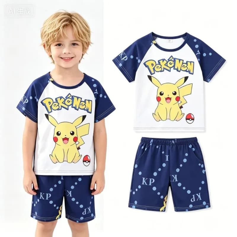 Abbigliamento coordinato Pokemon Pikachu Set pigiama in 2 pezzi per ragazzi e ragazze, maglietta a maniche corte e pantaloncini, abbigliamento estivo da cartone animato