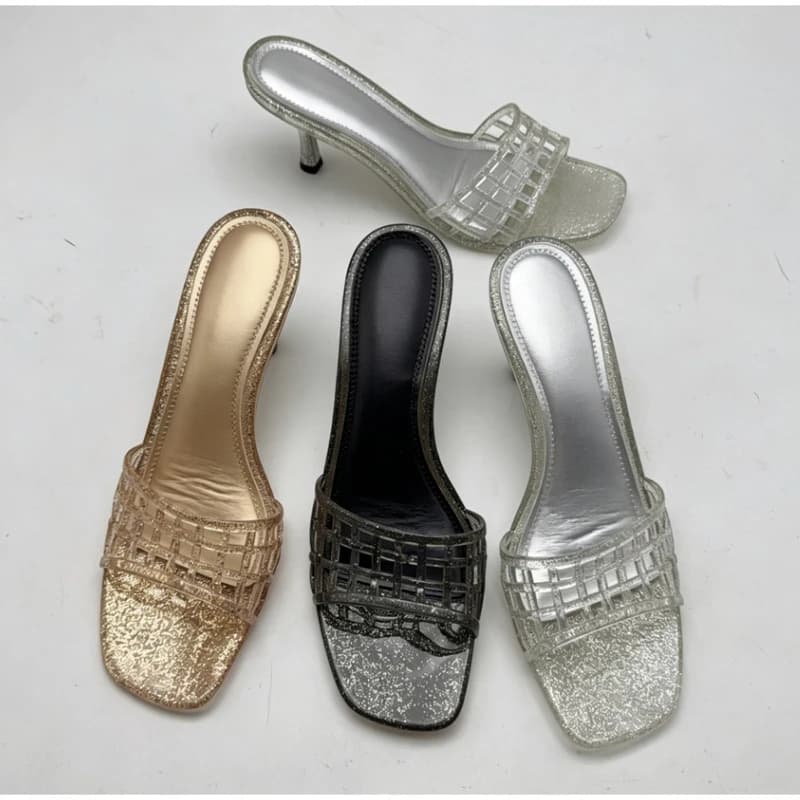 Square Toe Jelly High Heel Mules Summer Women Hollow Grid Transparent Slip On Slippers Heel Slide Sandals Elegant Open Toe Shoes