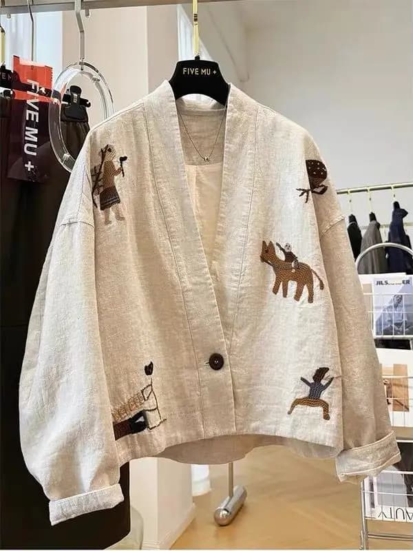 Elegant Embroidered Short Cotton Linen Jacket V-Neck Women's Autumn Coat Heavy Work Unique Attractive Commute Style Loose Fit