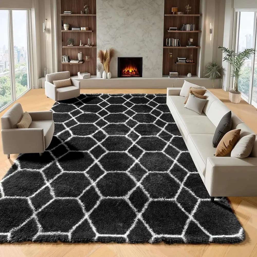 Tappeti 8x10 per Soggiorno, Tappeto Bianco e Nero per Camera da Letto, Tappeto Geometrico Boho Grande e Morbido, Tappeto Shaggy per Pavimento o Cameretta