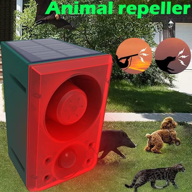 Solar Powered Animal Repellent Motion Sensor Detector with Alarm Flashing Light for Wild Boar Deer Farm Orchard Yard Guardian