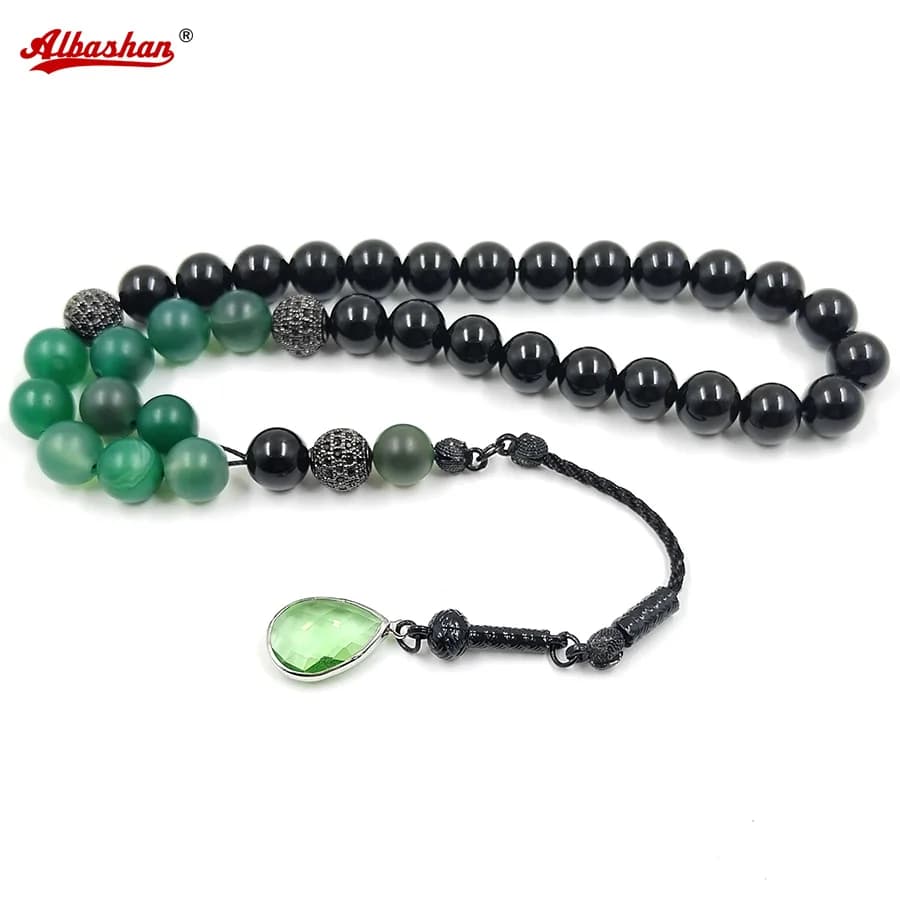 Tasbih Agata nera naturale con pietra di agata verde Misbaha musulmano 33 perline di preghiera Eid ADHA accessori regalo turco a portata di mano