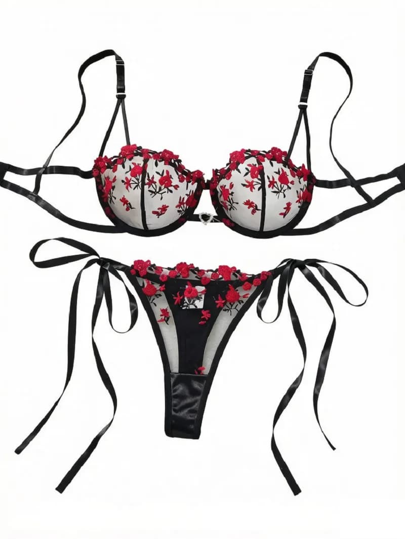 Sexy Black Red Floral Embroidery Lingerie Set Crystal Heart Sheer Mesh Bra Tie Side Panty See Through Underwear