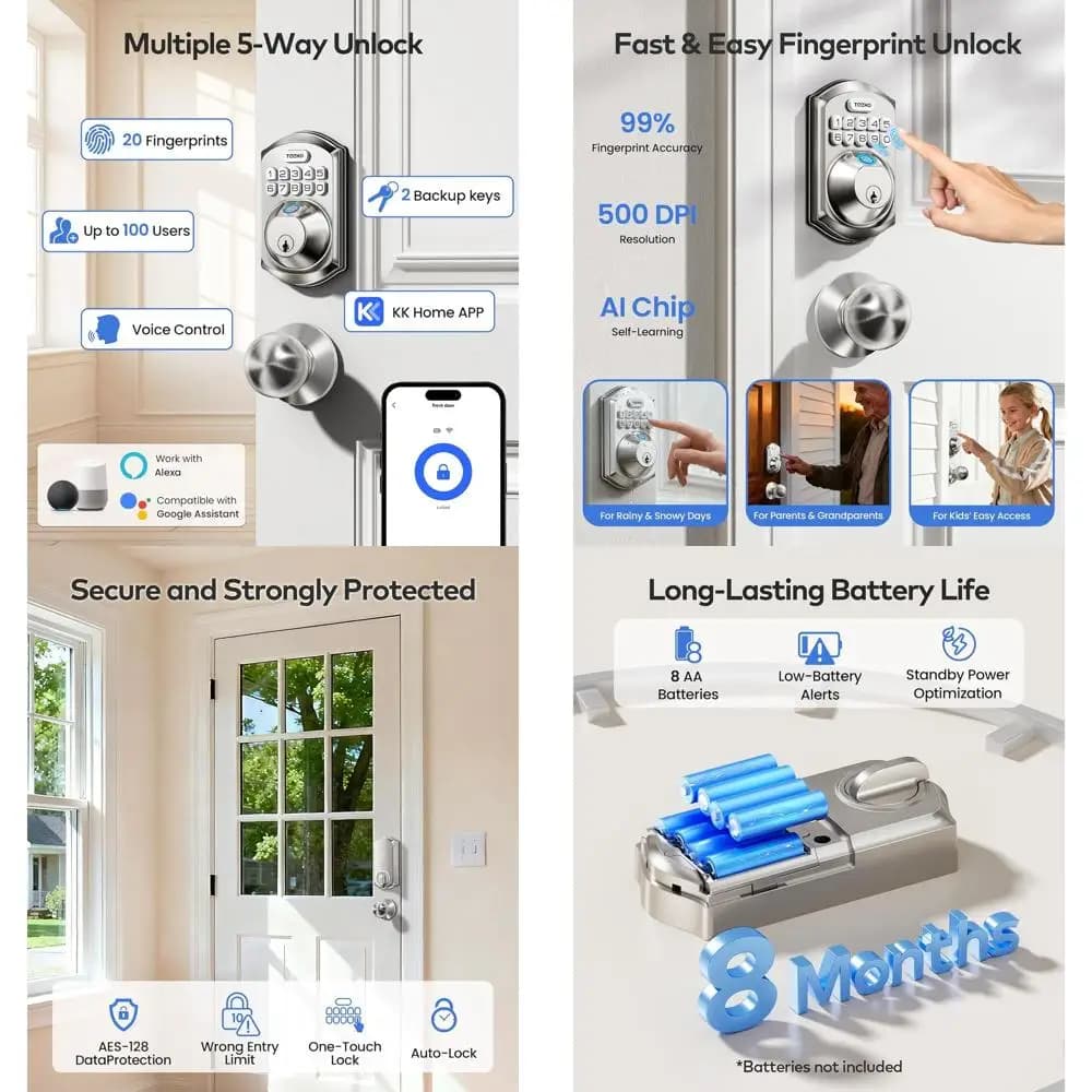Serratura Intelligente con Impronta Digitale e Tastierino, Maniglia, Telecomando, Compatibile con Alexa, per Porte d'Ingresso, Finitura Nichel Satinato