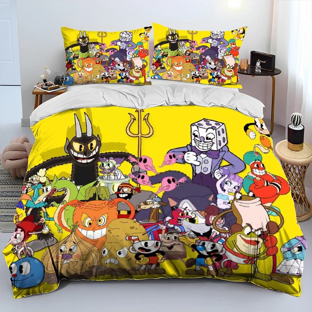 Cuphead And Mugman,Game Gamer Comforter Bedding Set,Duvet Cover Bed Set Quilt Cover Pillowcase,King Queen Size Bedding Set Kids