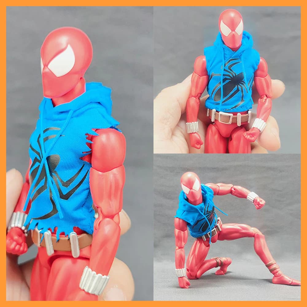 1/12 Scarlet Spider-Man Gilet con cappuccio Pullover Blu senza maniche Felpa strappata Top Modello di vestiti per 6 "Action Figure Mafex Body