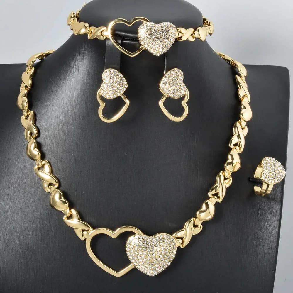 Set di gioielli a forma di cuore da 5 pezzi, collana XO, bracciale, orecchini, anello con strass da donna, adatto per la decorazione quotidiana.