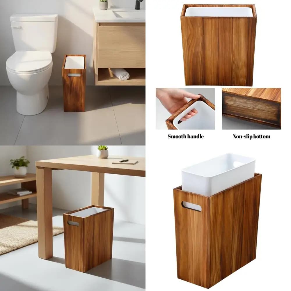 Bidone della spazzatura compatto in legno con rivestimento per bagno, camera da letto e ufficio - cestino per rifiuti decorativo dal design sottile