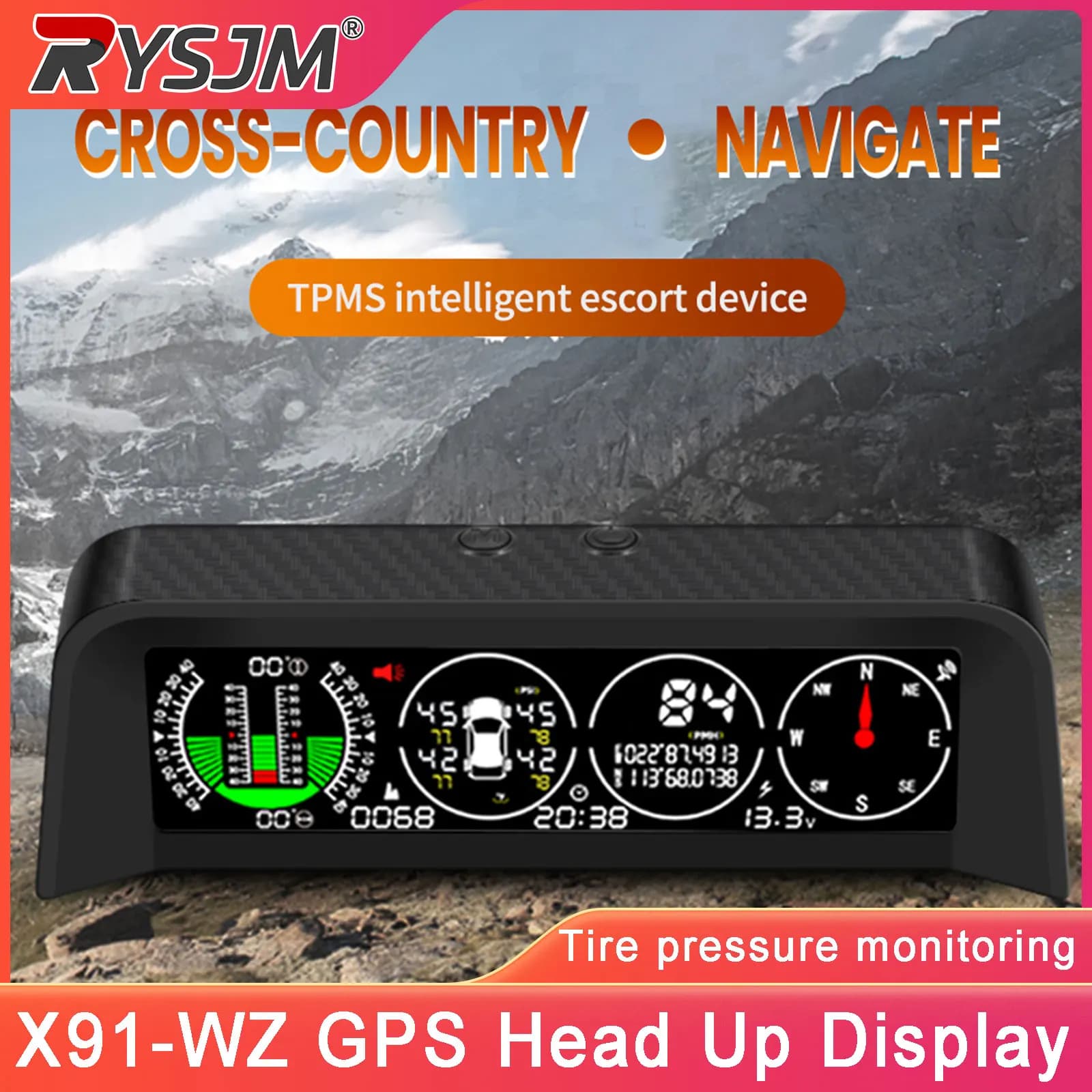 X91-WZ GPS TPMS Inclinometro per pneumatici con angolo di visione dall'alto, Bussola digitale per auto, Allarme di velocità eccessiva, Tachimetro per auto