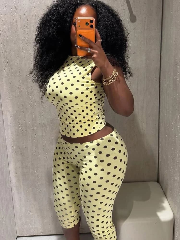 Kliou Y2K Style 2 Piece Set Woman Polka Dot Print o-Neck Backless Navel Exposed Tank Tops+Skinny Crop Pants Sexy Fashion Suits