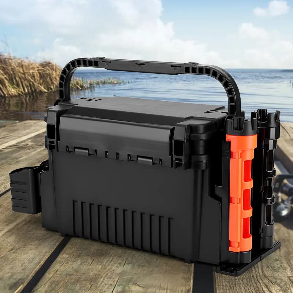 Scatola da Pesca a 2 Livelli con Porta Tazza e Porta Canna, Contenitore per Canna e Mulinello da 11 L, Organizer per Accessori da Pesca