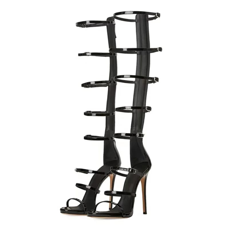 Summer Women's Cool Boots New 2023 Sexy 10cm High Heel Sandals Buckle Black Gold Dress Party Woman's Knee Boots Big Size 36-43
