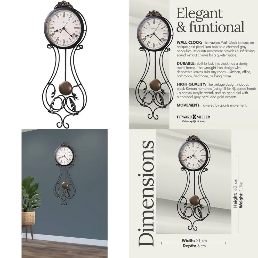Grey wall clock with golden pendulum and quartz movement, classic dial with Roman numerals, round shape, timeless style for home decoration