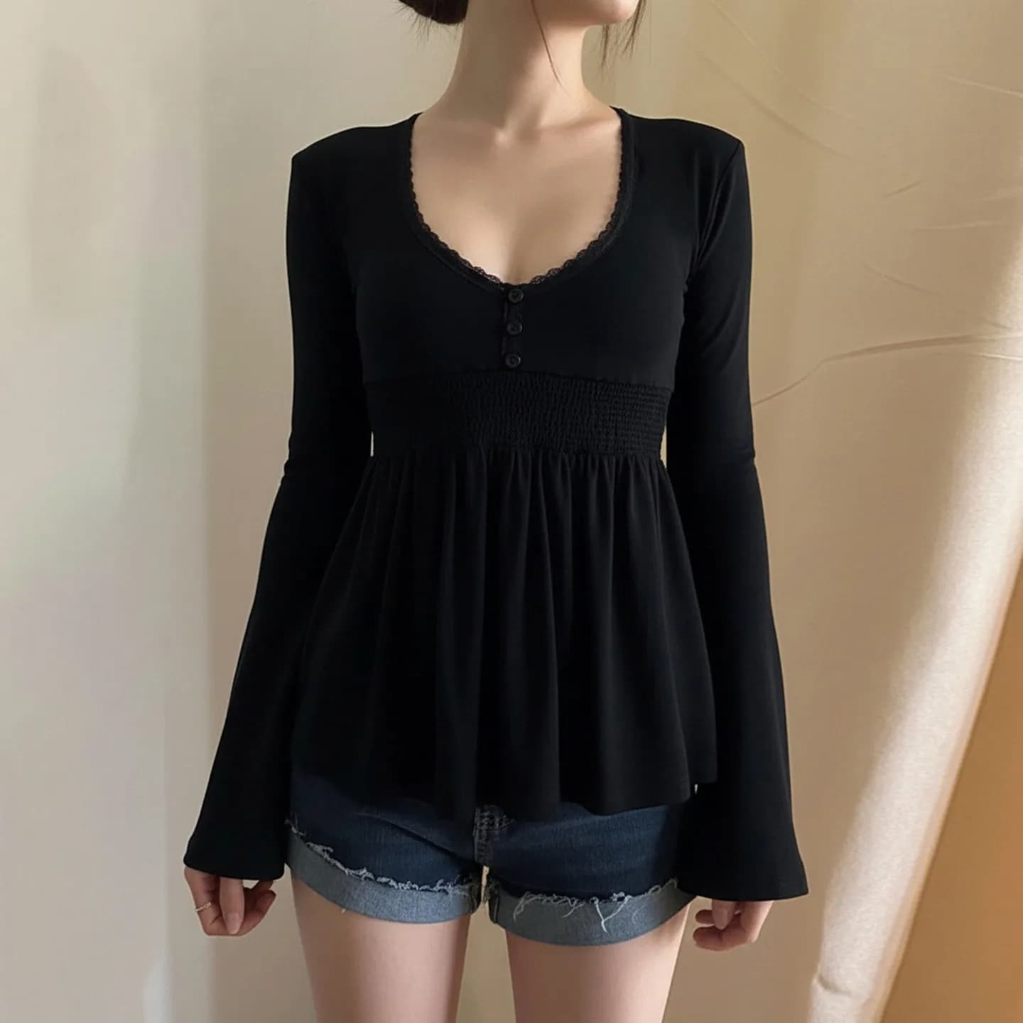 Women's Long Sleeve Blouse Lace V Neck Longsleeve Blouses Black Flared Hem Fitted Top Pink Smocked Waist Lace Trim Tops Gray