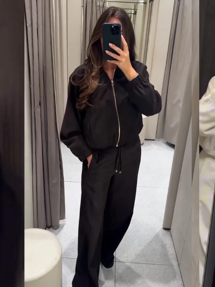 HH Pantaloni moda donna Abito solido maniche lunghe Tasca con cappuccio Giacca corta con cerniera + Pantaloni larghi casual con coulisse da strada