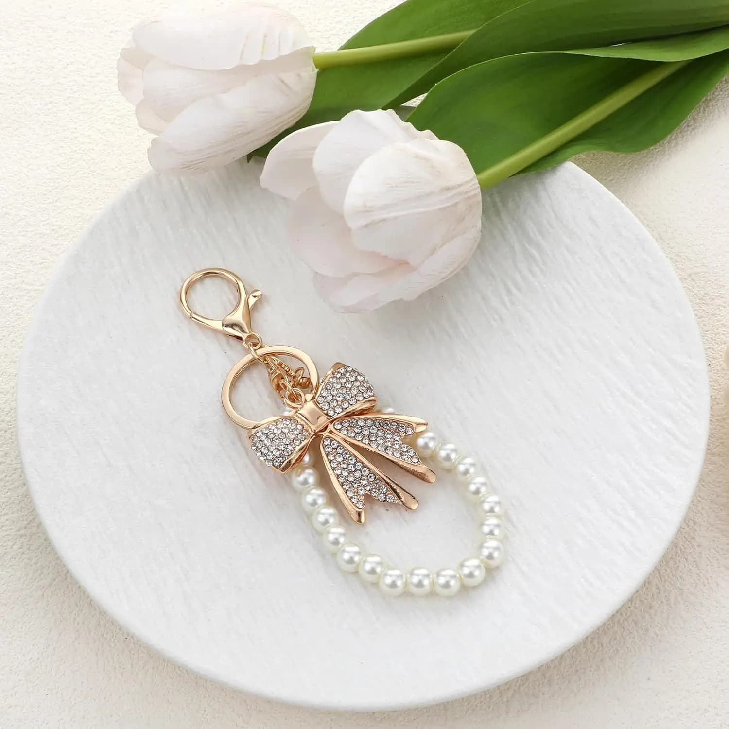 White Rhinestone Bowknot Keychain Imitation Pearl Chains Sparkly Bow Purse Charm Bag Charms for Handbags Purse Backpacks Handbag Charms Keychain Accessories for Women