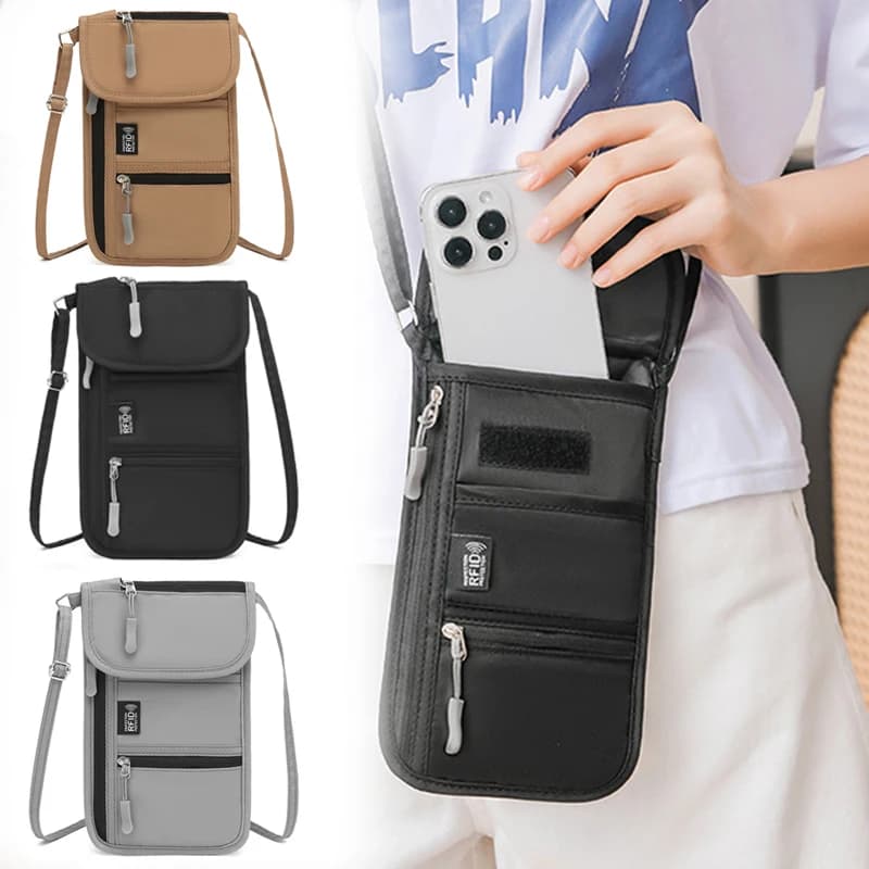 Borsa a tracolla portatile Borsa per documenti per passaporto da viaggio Borsa per carte di biglietti multifunzione Borsa per telefono appesa al collo in tessuto Oxford