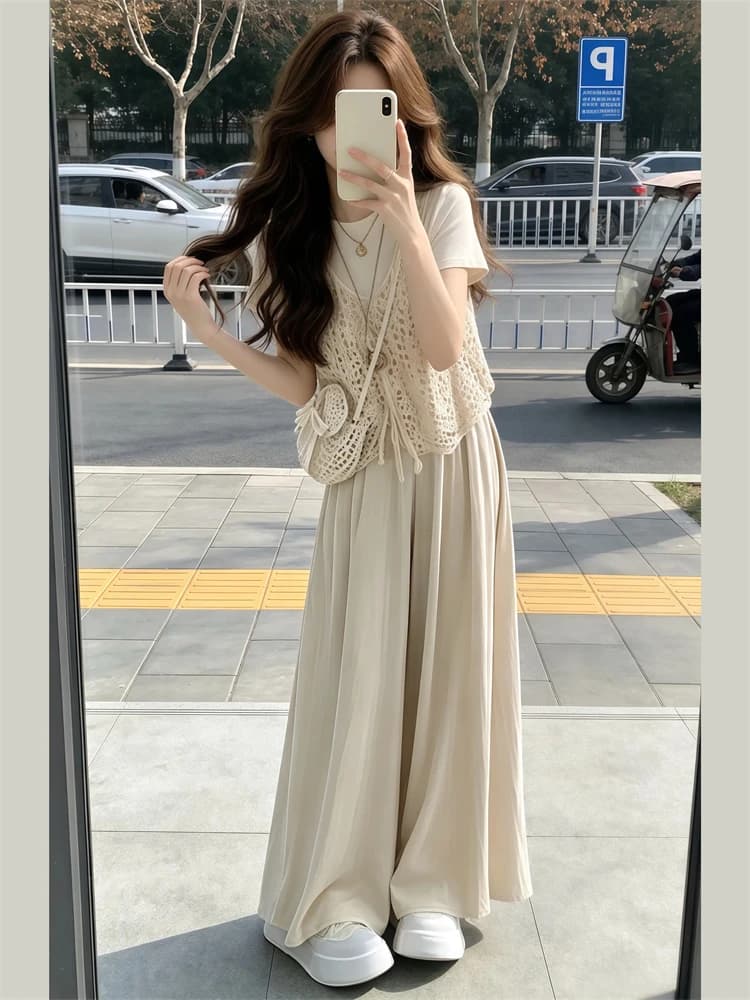 Qiqi Summer Set Women's Meat Concealing Strap Top plus Size High Waist Wide Leg Pants Casual Style round Neck Short Sleeve