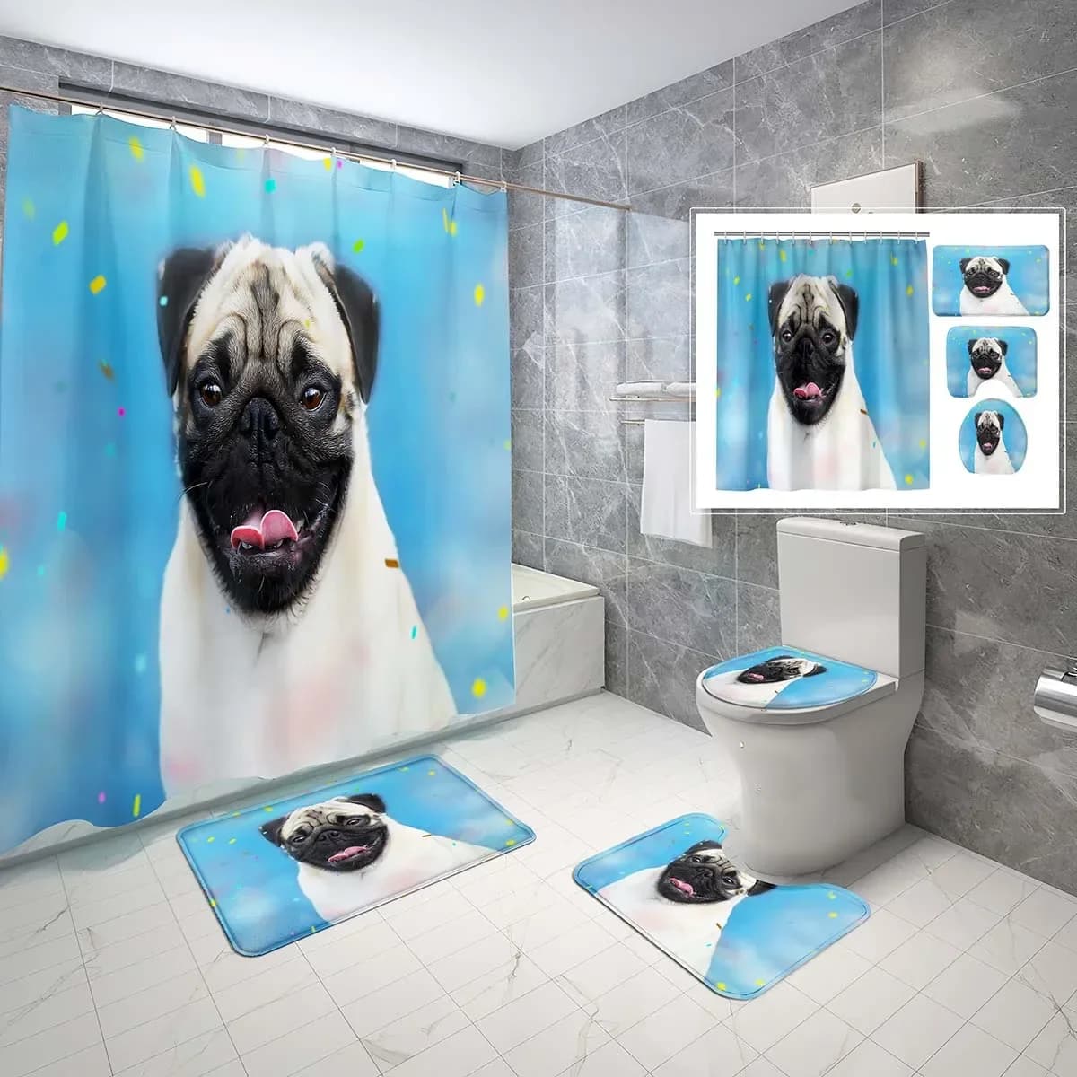 4 pezzi divertente carlino cane tenda da doccia set regali creativi per gli amanti del carlino tenda da doccia bagno antiscivolo tappetino da bagno copriwater