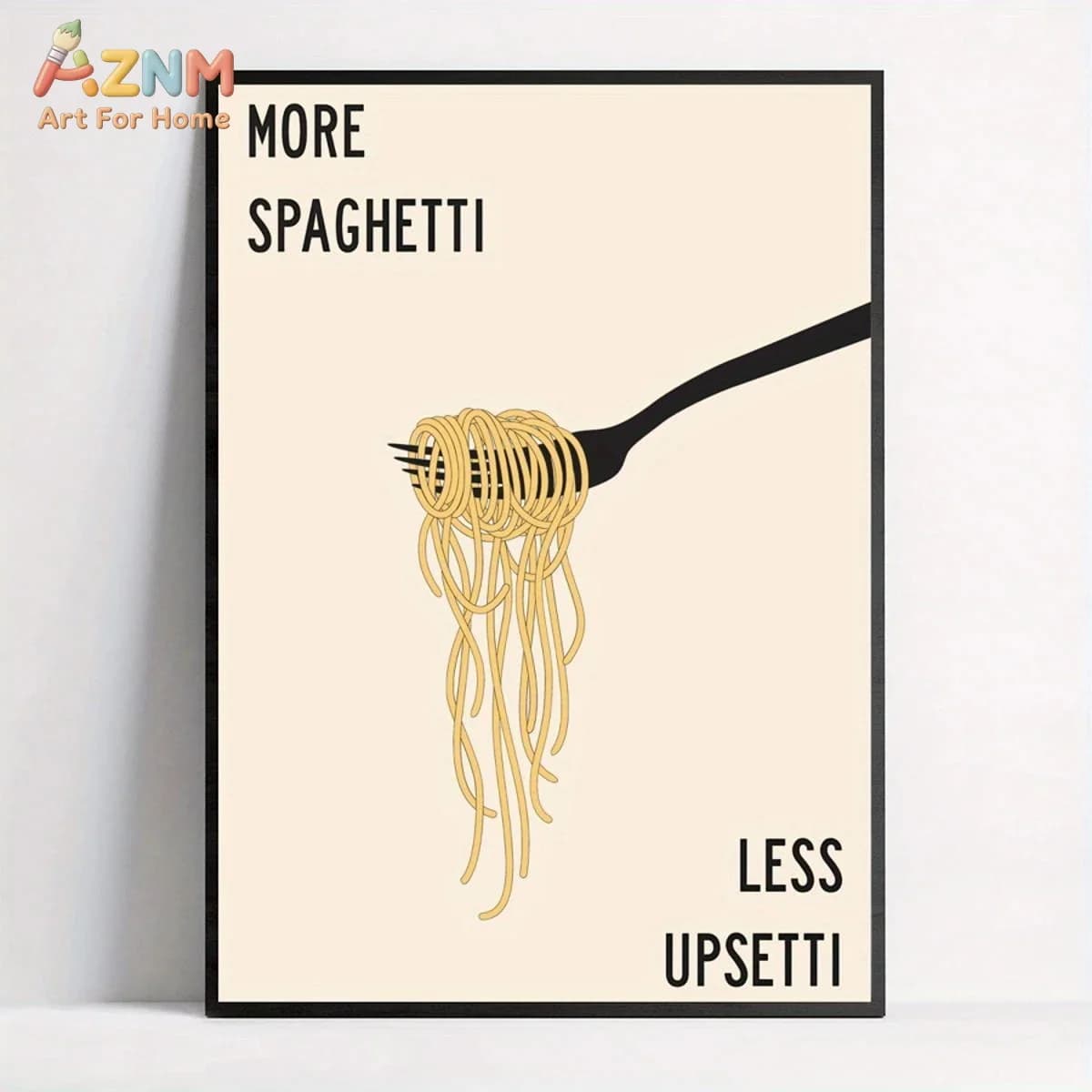 AZNM More Spaghetti Less Upsetti Canvas Print Funny Pasta Fork Minimalist Beige Kitchen Quote Unframed Wall Poster Decor Art