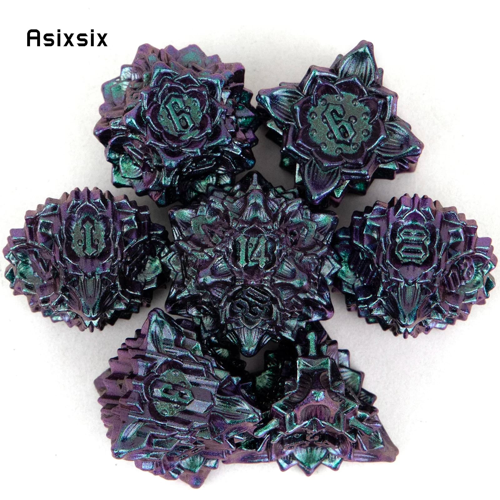 Set di 7 Dadi in Metallo a Forma di Fiore di Loto Verde e Viola, Perfetti per Giochi di Ruolo, Giochi da Tavolo e Giochi di Carte. Dadi per Giochi, Set di Dadi D&D
