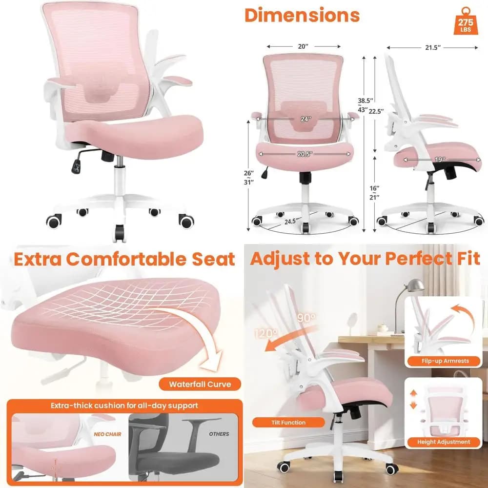 Sedia da Gaming Ergonomica con Schienale Alto in Rete, Braccioli Regolabili, Supporto Lombare e Braccioli Ribaltabili per un Uso Domestico Confortevole (Rosa)