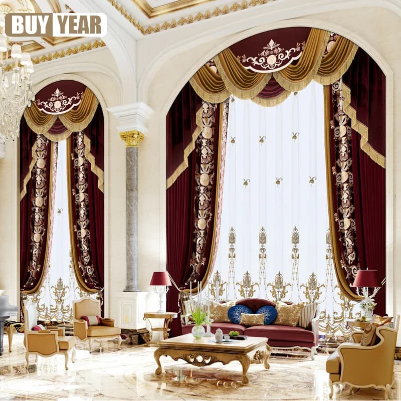 High-end Luxury European French Flannel Curtains, Living Room American Embroidery Curtains, Villa Duplex Floor Curtains