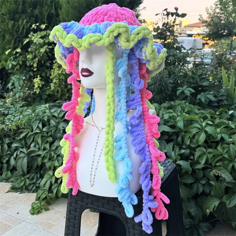 "Handcrafted Crochet Hat in Vibrant Rainbow Hues, Designed with a Jellyfish Motif and Adorned with Long, Playful Tentacle-Like F