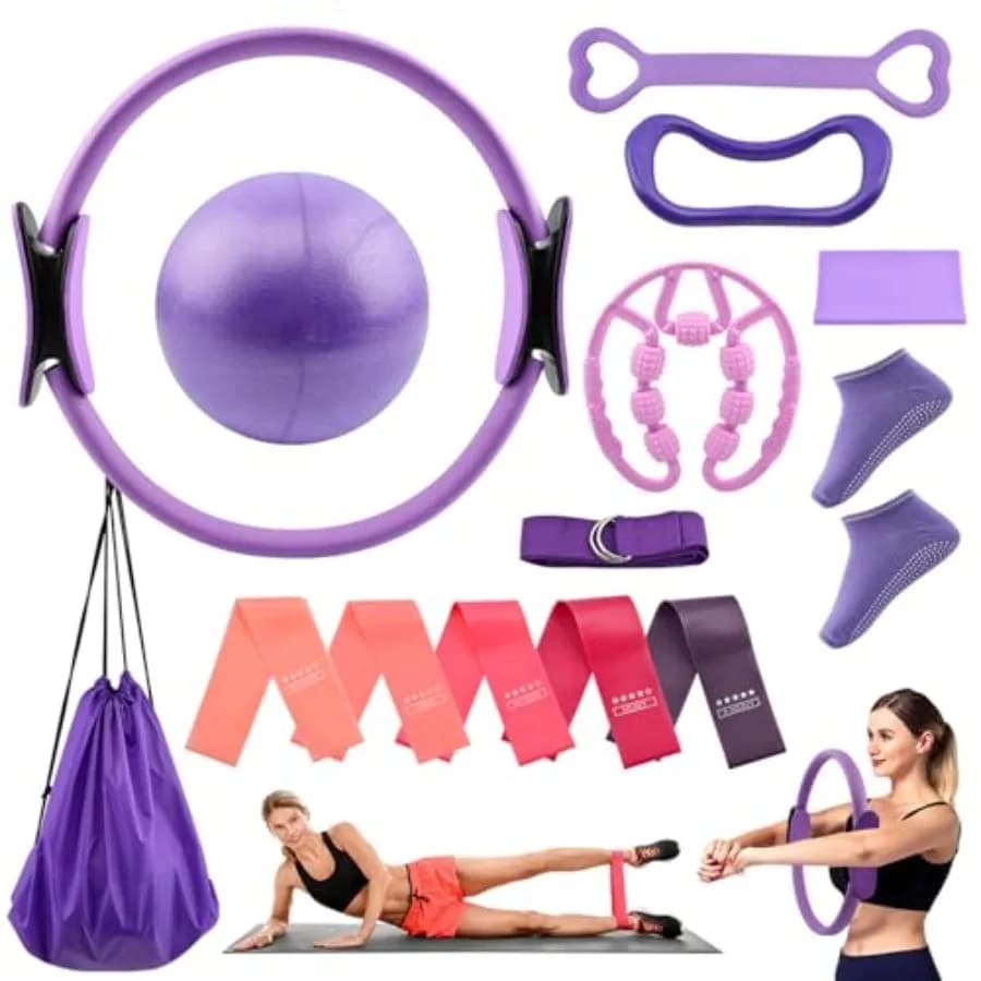 Kit Essenziale Pilates per Donne, 14 Pezzi Attrezzatura per Allenamento a Casa con Cerchio Pilates, Palla, Anello, Set di Bande di Resistenza e Antiscivolo