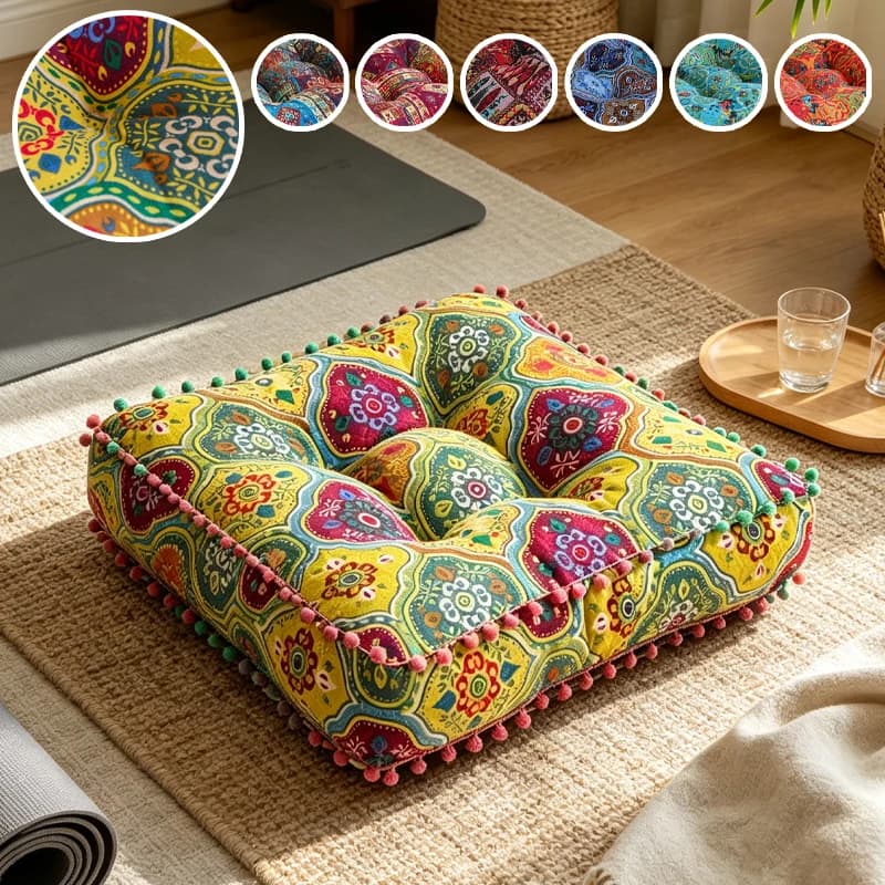 Vintage Mandala Printed Chair Cushion with Pom-poms 40x40cm Bohemian Multi-use Seat Pad for Dining Chair Meditation Sofa Floor