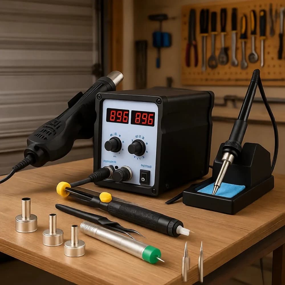 Stazione di Rilavorazione ad Aria Calda SMD 2 in 1 con Saldatore Digitale e Kit Pistola Termica con Punte, Ugelli e Accessori