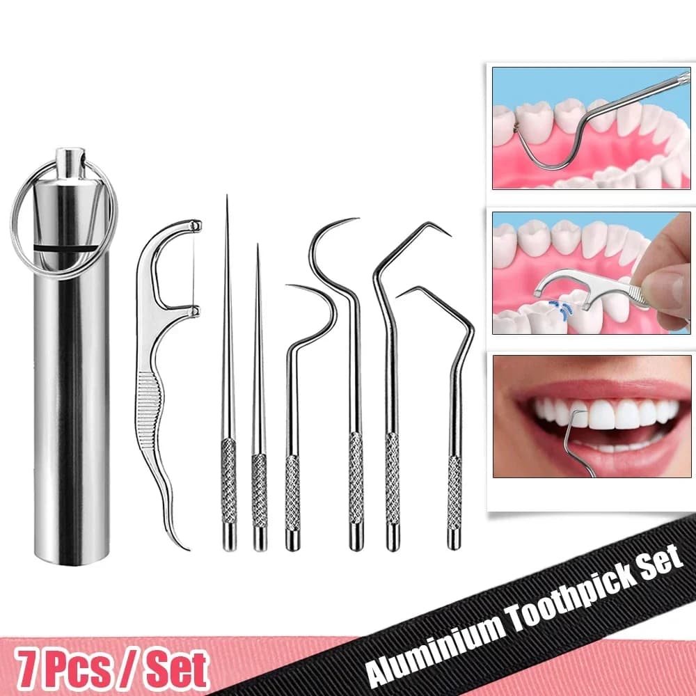 7-piece aluminum toothpick set, reusable plethora for tooth cleaning and oral hygiene, portable floss tool