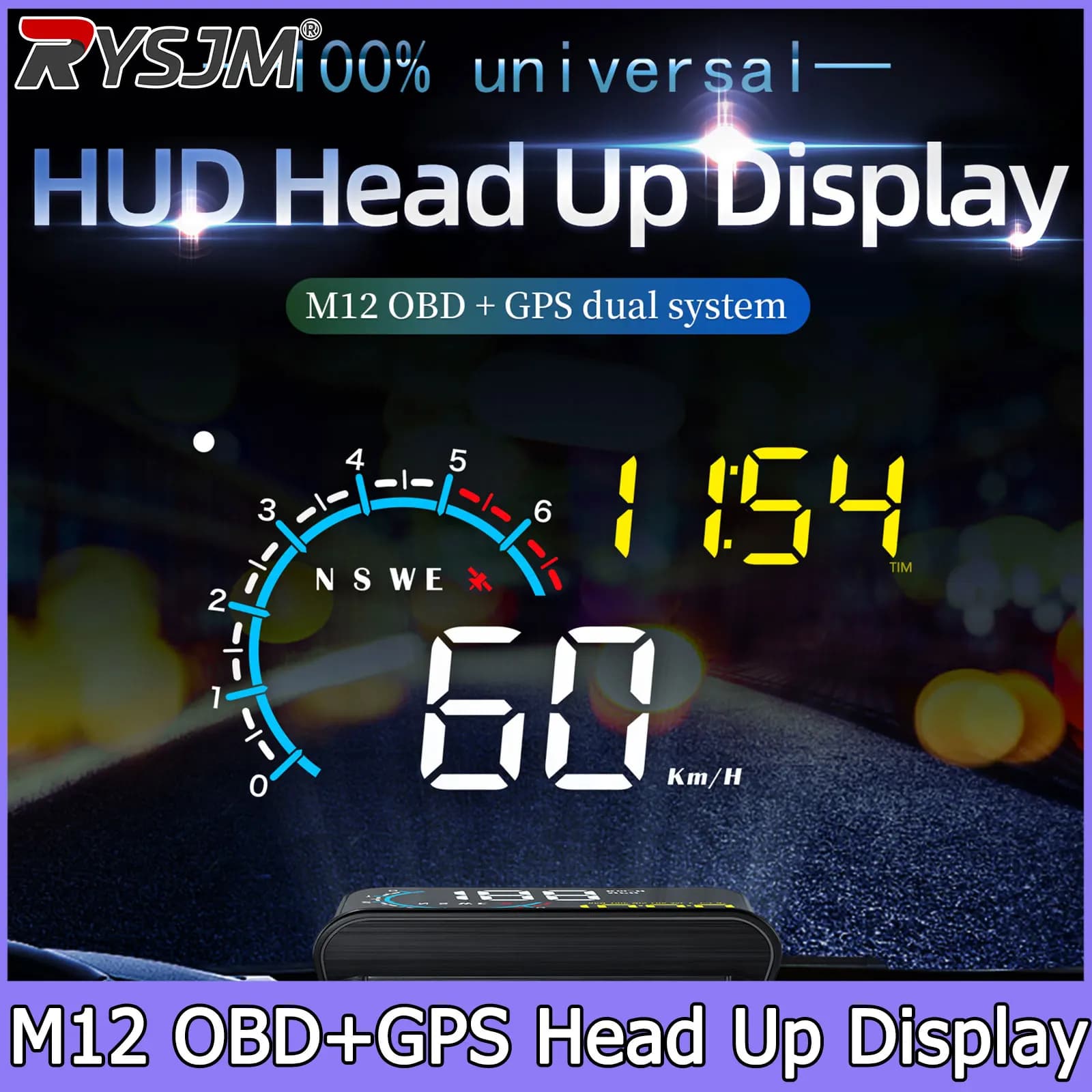 Auto Speedometer Compass M12 Head Up Display Windshield Projector Electronic Car OBD2 GPS HUD Fuel Consumption Voltage Temp