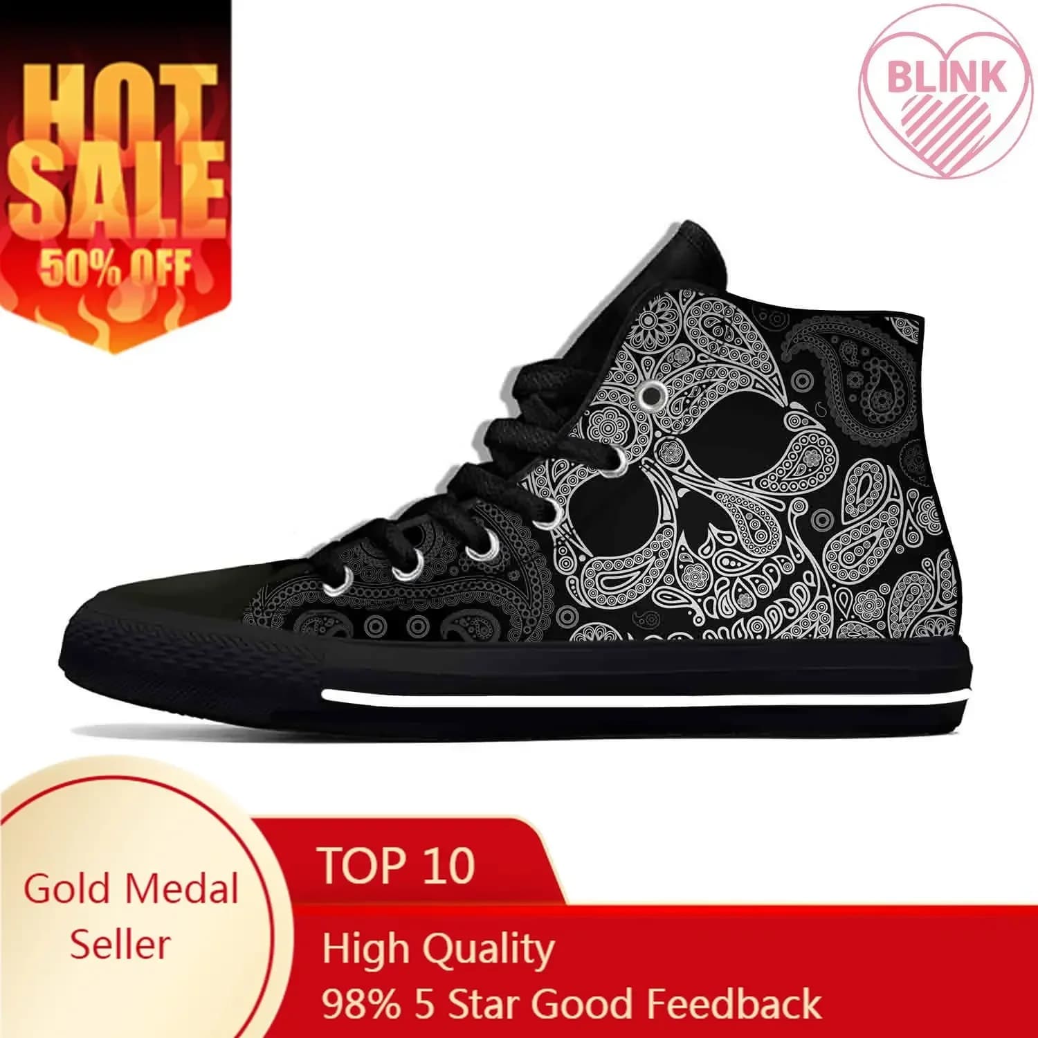 Teschio di zucchero Paisley Scheletro Goth Horror gotico Scarpe di stoffa casual Scarpe da ginnastica alte comode e traspiranti con stampa 3D per uomo e donna